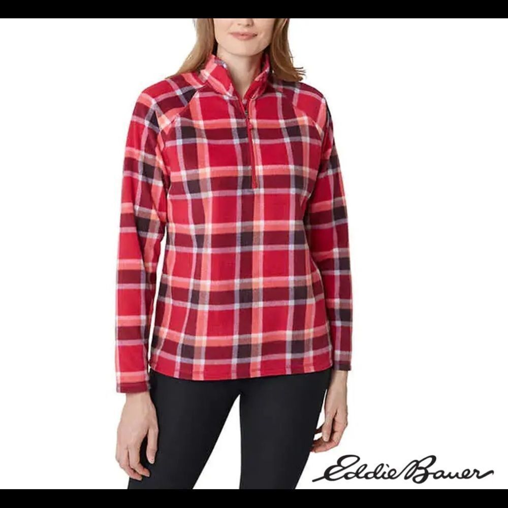 Eddie Bauer Mid Weight Fleece Quarter Zip Plaid Large New With Tags